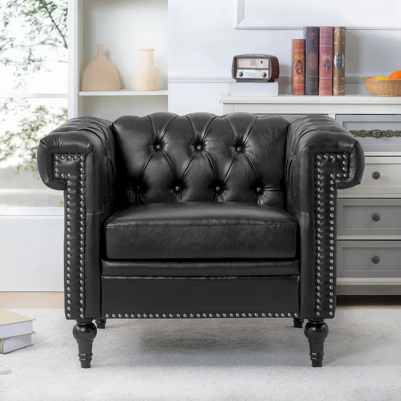Sillón decorativo negro con capitoné, piel sintética, asiento individual