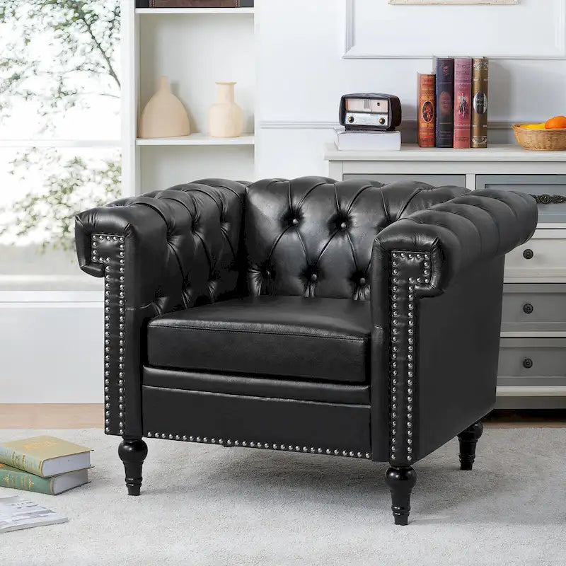 Sillón decorativo negro con capitoné, piel sintética, asiento individual