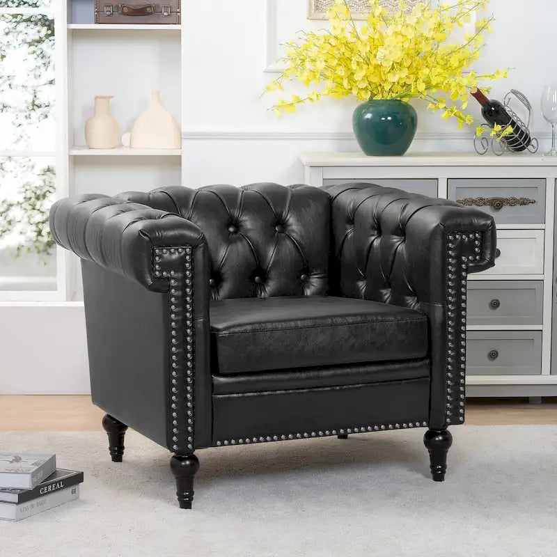 Sillón decorativo negro con capitoné, piel sintética, asiento individual