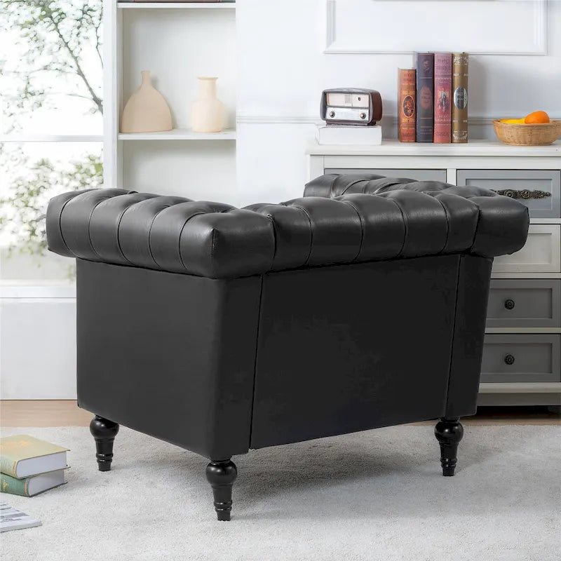 Sillón decorativo negro con capitoné, piel sintética, asiento individual