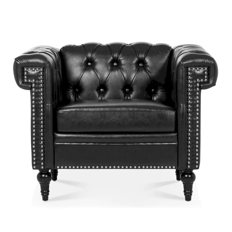 Sillón decorativo negro con capitoné, piel sintética, asiento individual