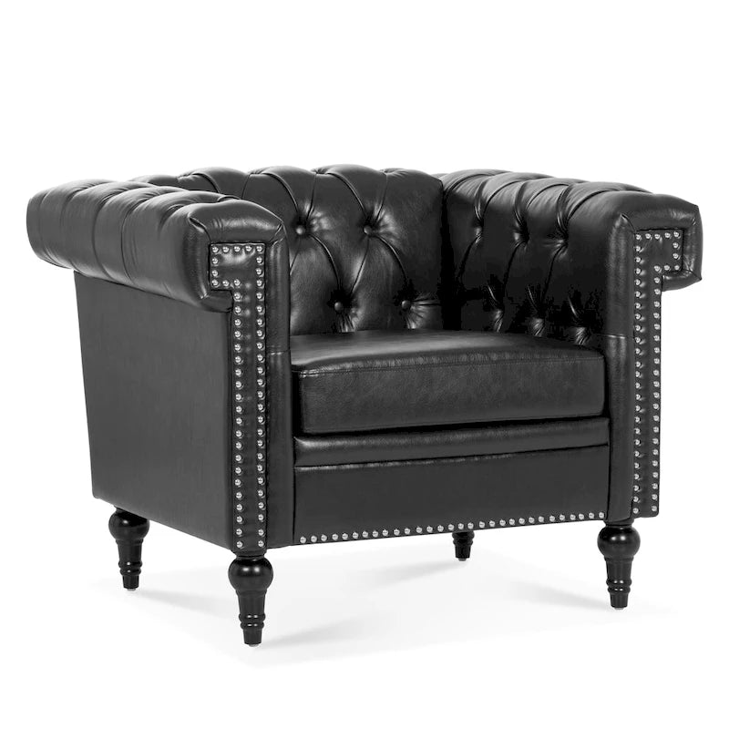 Sillón decorativo negro con capitoné, piel sintética, asiento individual