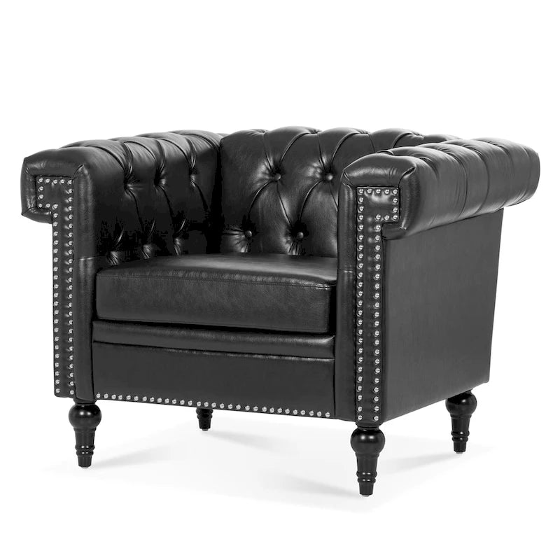 Sillón decorativo negro con capitoné, piel sintética, asiento individual