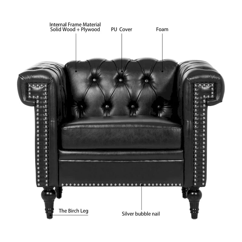 Sillón decorativo negro con capitoné, piel sintética, asiento individual
