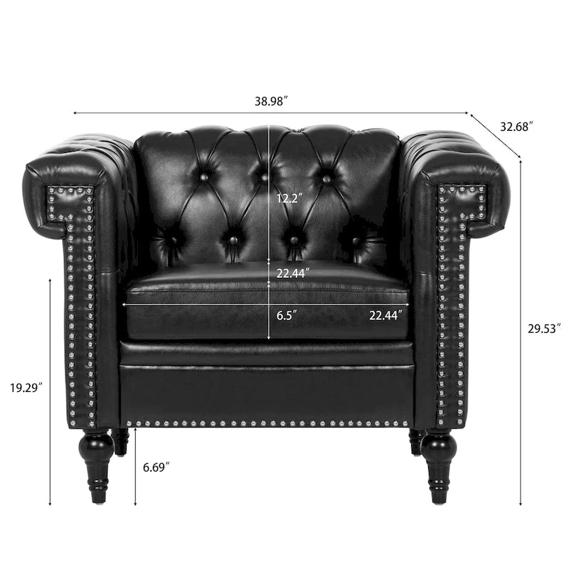 Sillón decorativo negro con capitoné, piel sintética, asiento individual