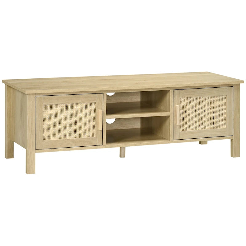 Mueble de TV boho de madera natural con puertas de ratán, apto para televisores de hasta 60"