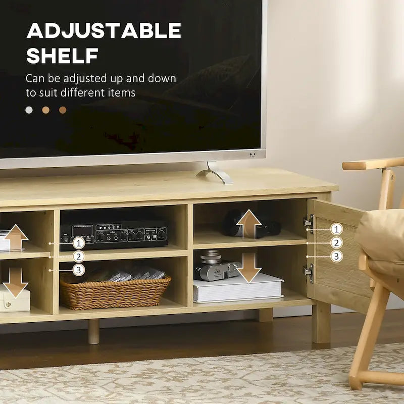 Mueble de TV boho de madera natural con puertas de ratán, apto para televisores de hasta 60"