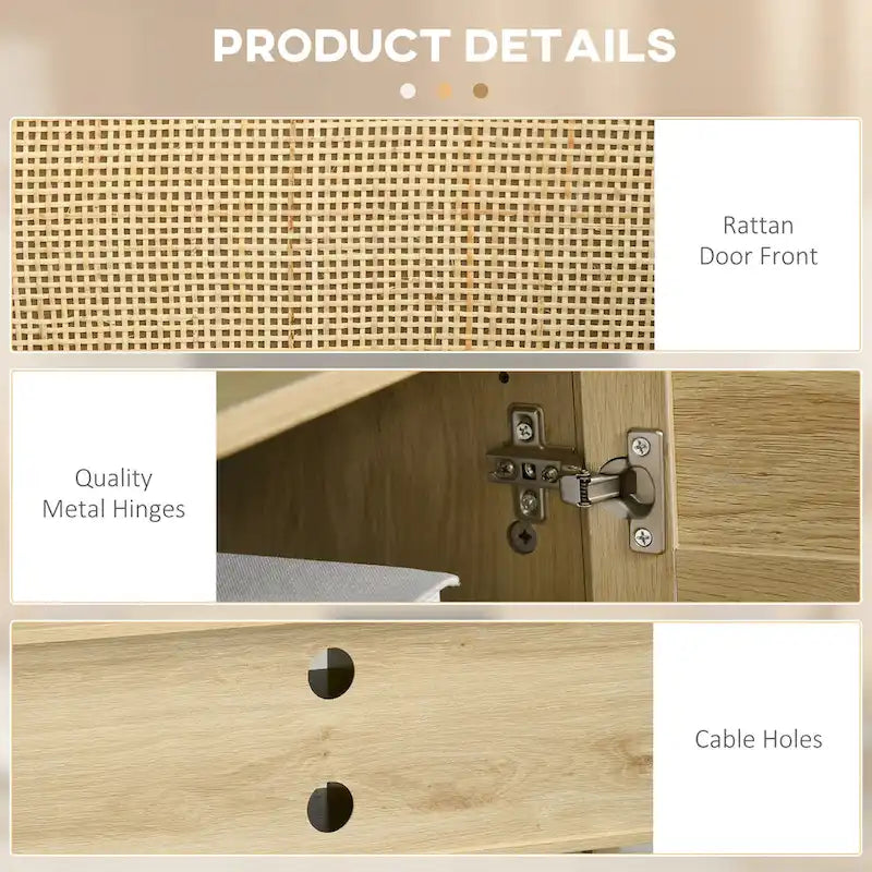 Mueble de TV boho de madera natural con puertas de ratán, apto para televisores de hasta 60"