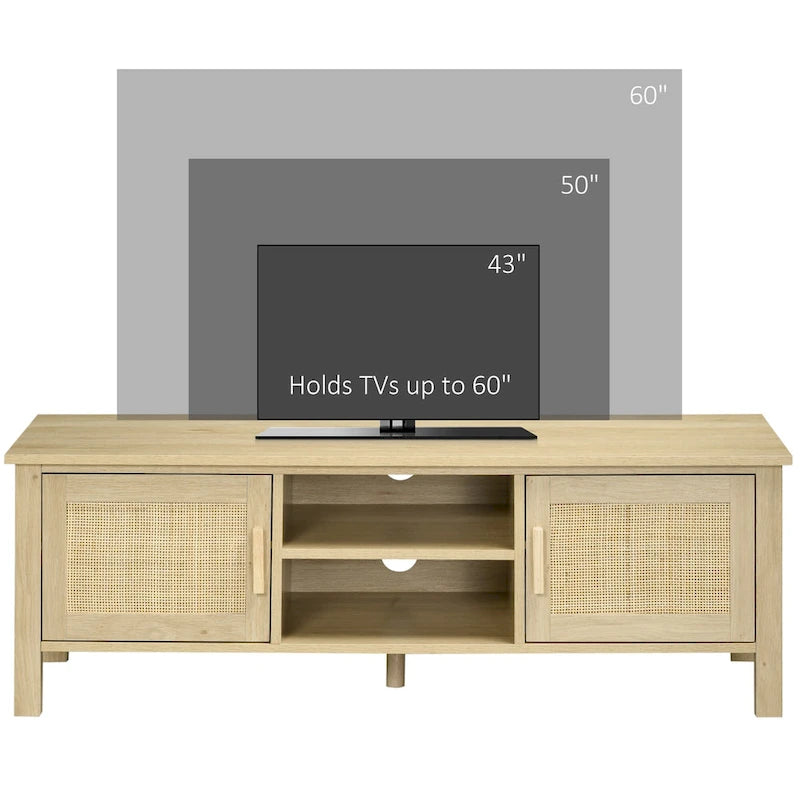Mueble de TV boho de madera natural con puertas de ratán, apto para televisores de hasta 60"