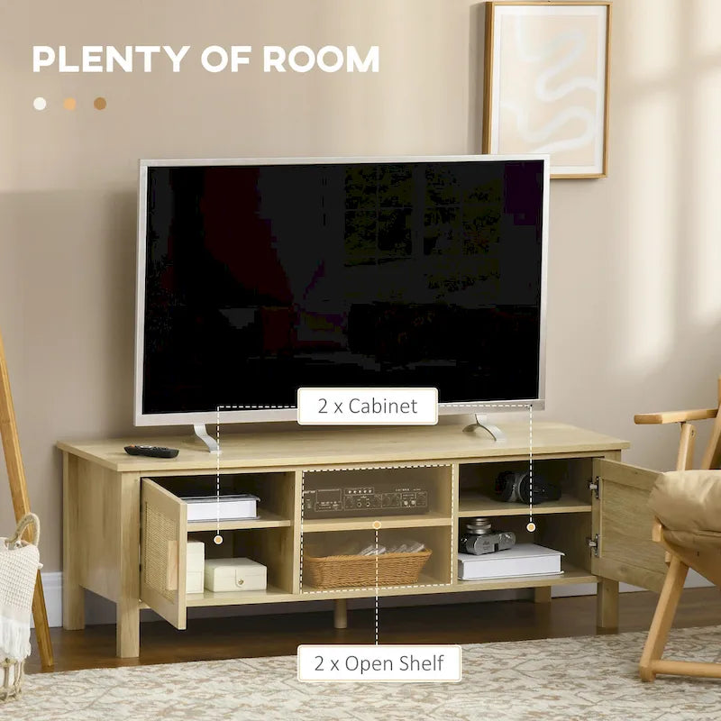Mueble de TV boho de madera natural con puertas de ratán, apto para televisores de hasta 60"