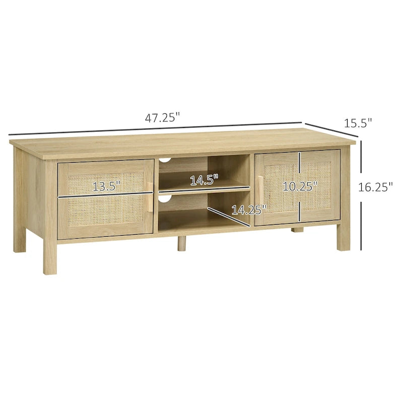 Mueble de TV boho de madera natural con puertas de ratán, apto para televisores de hasta 60"