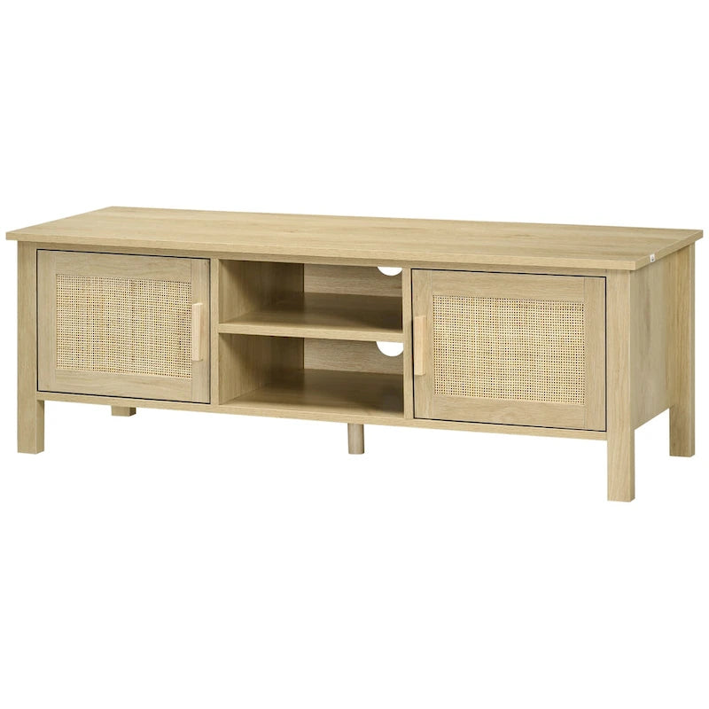 Mueble de TV boho de madera natural con puertas de ratán, apto para televisores de hasta 60"
