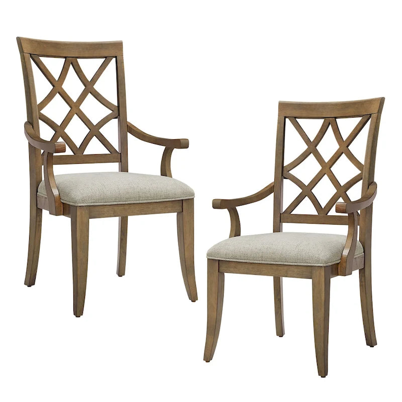 Silla de comedor de roble oscuro/blanco con reposabrazos, asiento tapizado, juego de 2