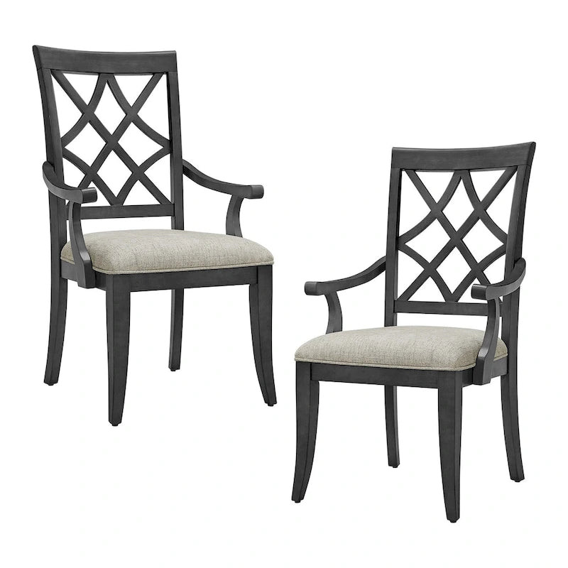Silla de comedor de roble oscuro/blanco con reposabrazos, asiento tapizado, juego de 2