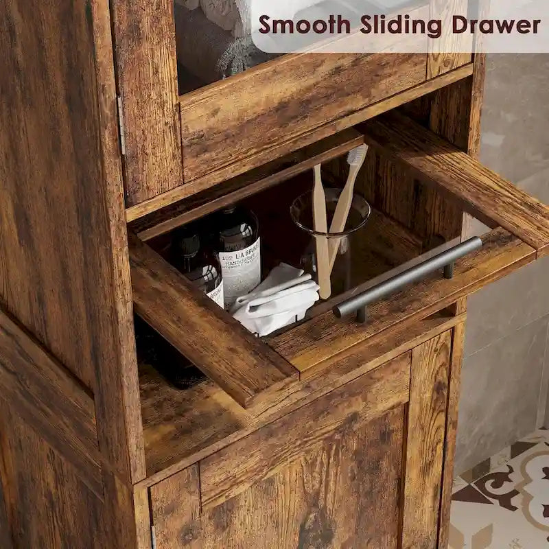 Mueble de almacenamiento estrecho marrón con puertas de cristal, de un solo usuario