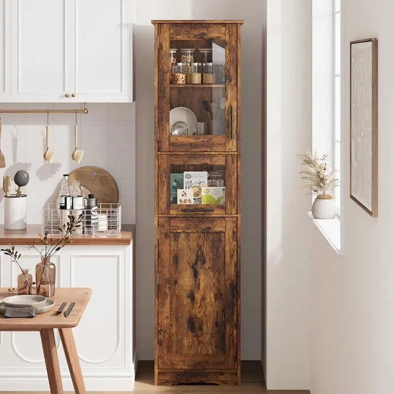 Mueble de almacenamiento estrecho marrón con puertas de cristal, de un solo usuario