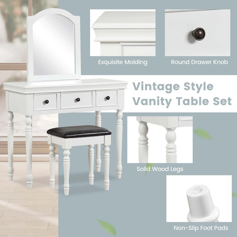 Tocador con Taburete Blanco / Nogal, Estilo Vintage, 1 Persona