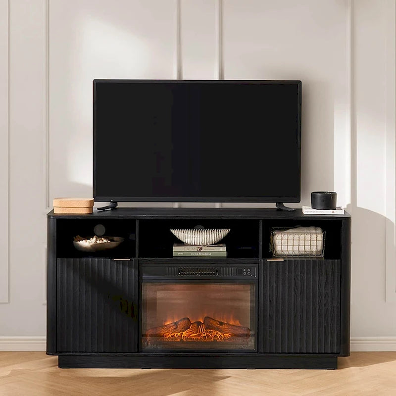 Mueble de TV con chimenea eléctrica y paneles acanalados blancos y negros, 59 pulgadas, 1 persona