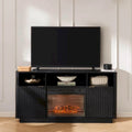 Mueble de TV con chimenea eléctrica y paneles acanalados blancos y negros, 59 pulgadas, 1 persona