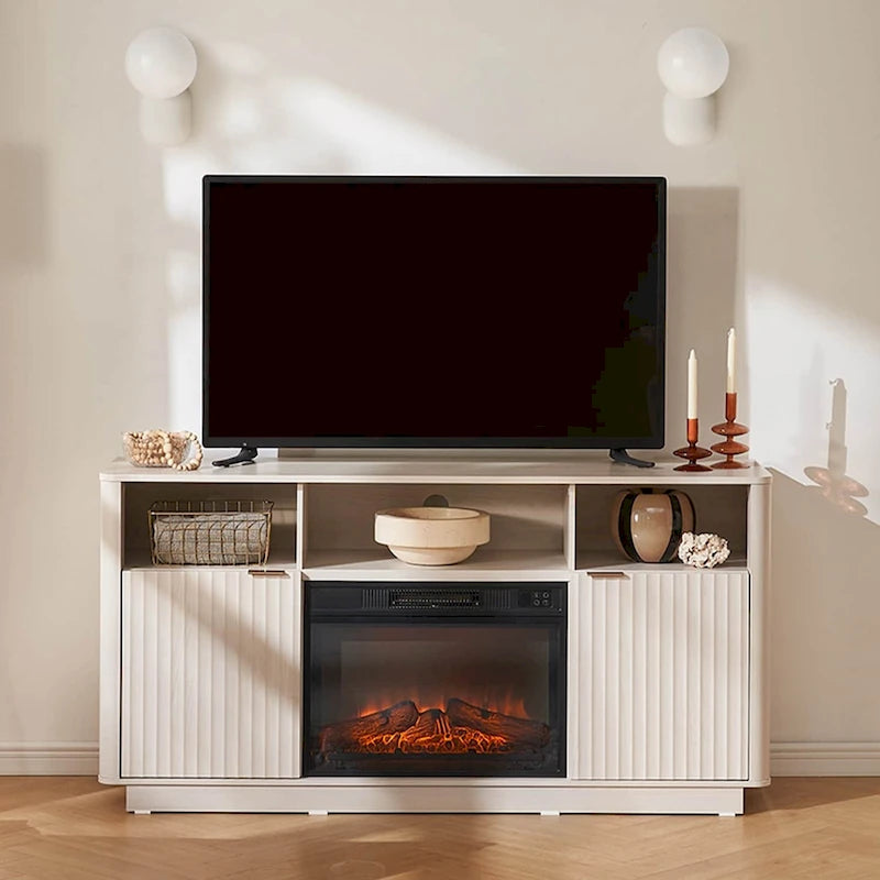 Mueble de TV con chimenea eléctrica y paneles acanalados blancos y negros, 59 pulgadas, 1 persona