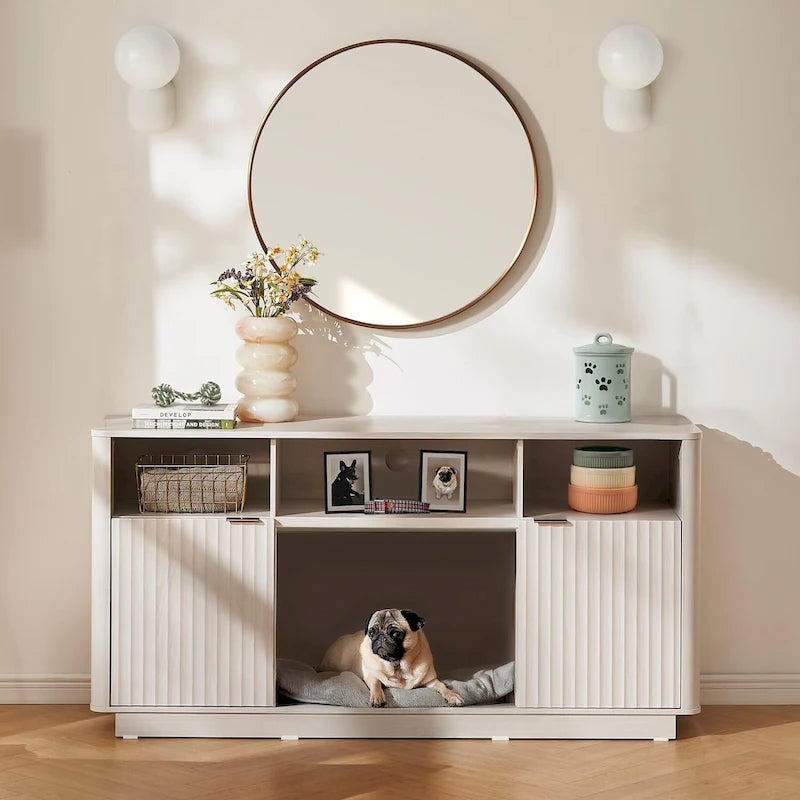 Mueble de TV con chimenea eléctrica y paneles acanalados blancos y negros, 59 pulgadas, 1 persona