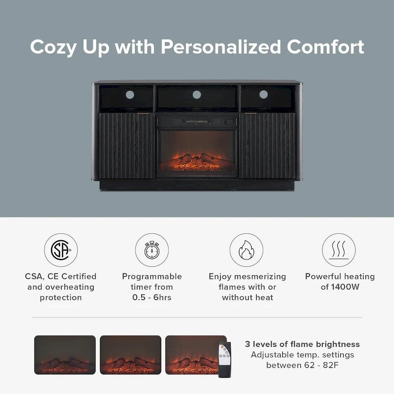 Mueble de TV con chimenea eléctrica y paneles acanalados blancos y negros, 59 pulgadas, 1 persona