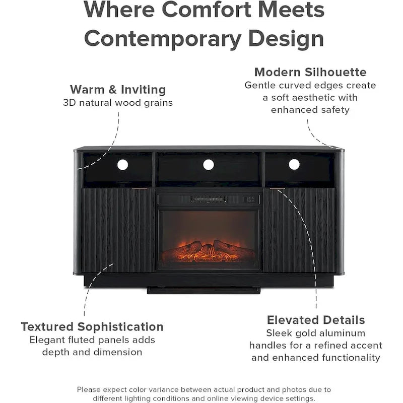 Mueble de TV con chimenea eléctrica y paneles acanalados blancos y negros, 59 pulgadas, 1 persona