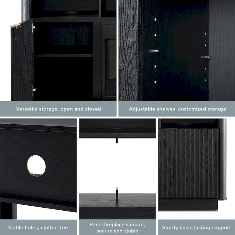 Mueble de TV con chimenea eléctrica y paneles acanalados blancos y negros, 59 pulgadas, 1 persona