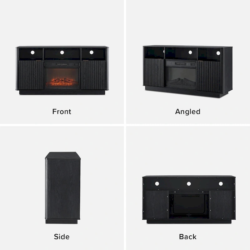Mueble de TV con chimenea eléctrica y paneles acanalados blancos y negros, 59 pulgadas, 1 persona