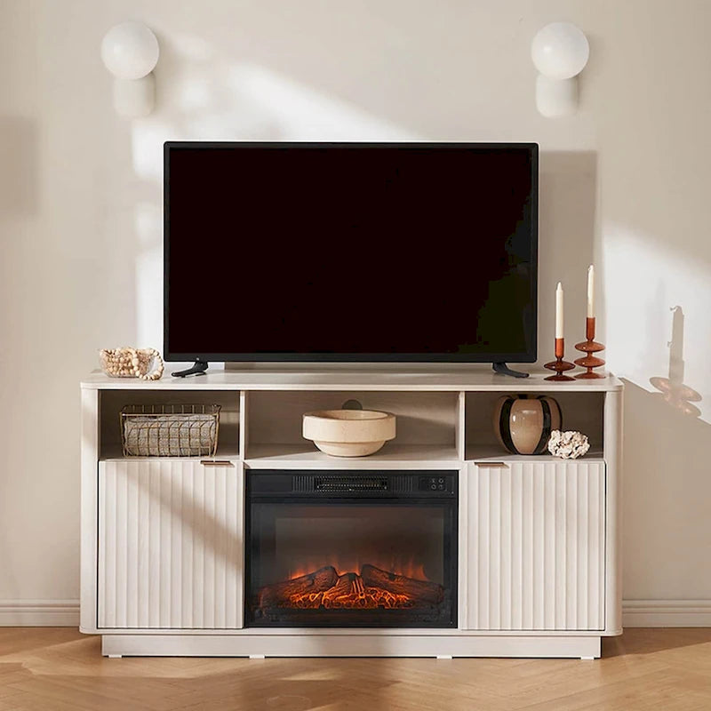 Mueble de TV con chimenea eléctrica y paneles acanalados blancos y negros, 59 pulgadas, 1 persona