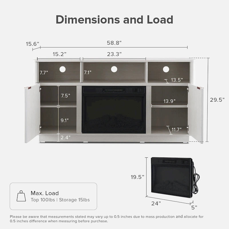 Mueble de TV con chimenea eléctrica y paneles acanalados blancos y negros, 59 pulgadas, 1 persona