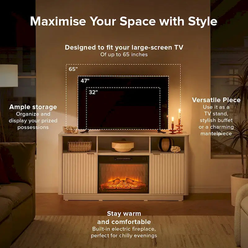Mueble de TV con chimenea eléctrica y paneles acanalados blancos y negros, 59 pulgadas, 1 persona
