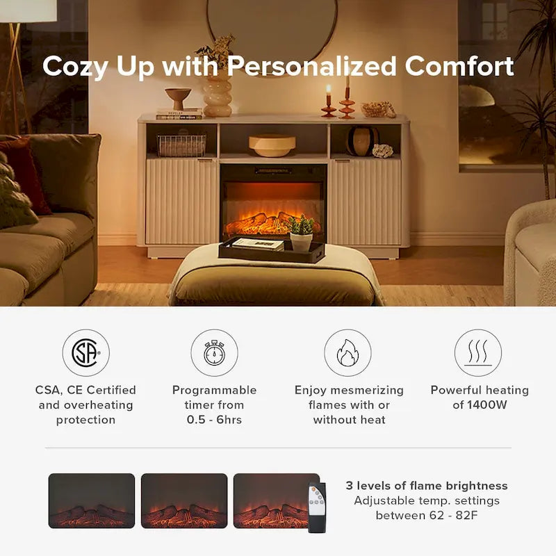 Mueble de TV con chimenea eléctrica y paneles acanalados blancos y negros, 59 pulgadas, 1 persona