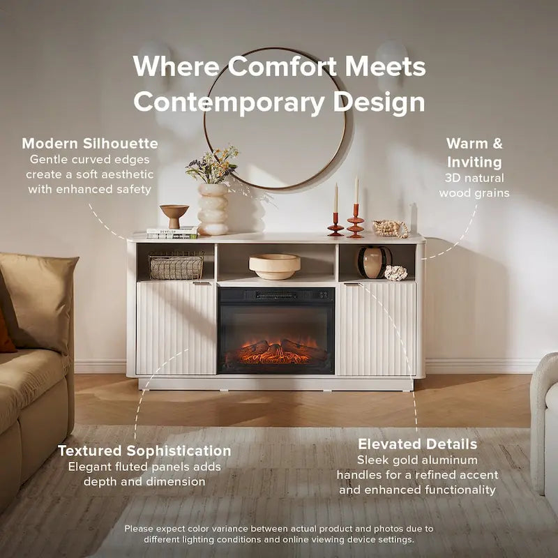 Mueble de TV con chimenea eléctrica y paneles acanalados blancos y negros, 59 pulgadas, 1 persona
