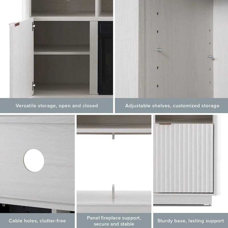 Mueble de TV con chimenea eléctrica y paneles acanalados blancos y negros, 59 pulgadas, 1 persona