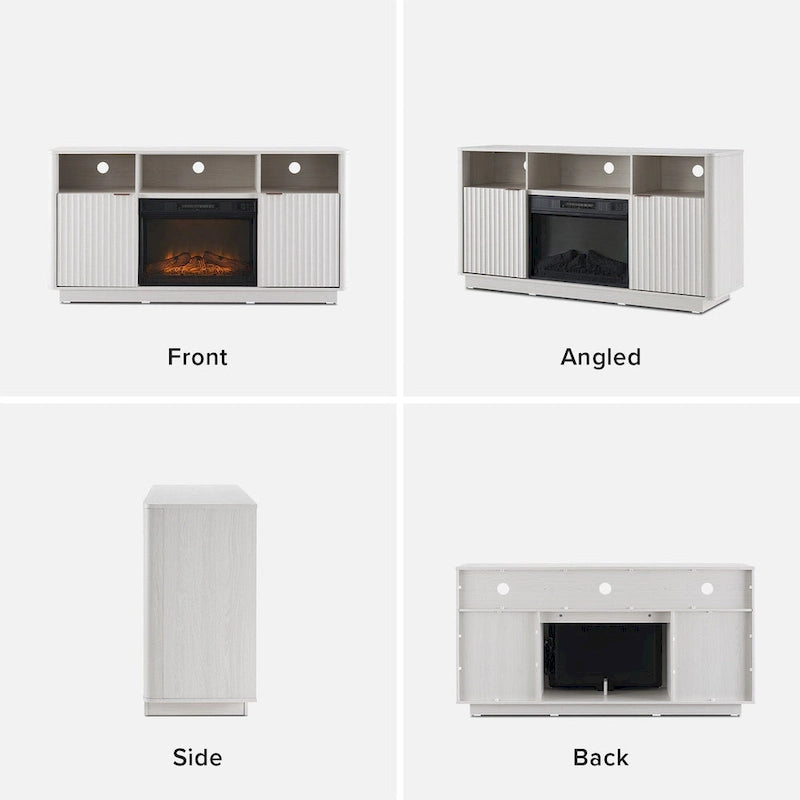 Mueble de TV con chimenea eléctrica y paneles acanalados blancos y negros, 59 pulgadas, 1 persona