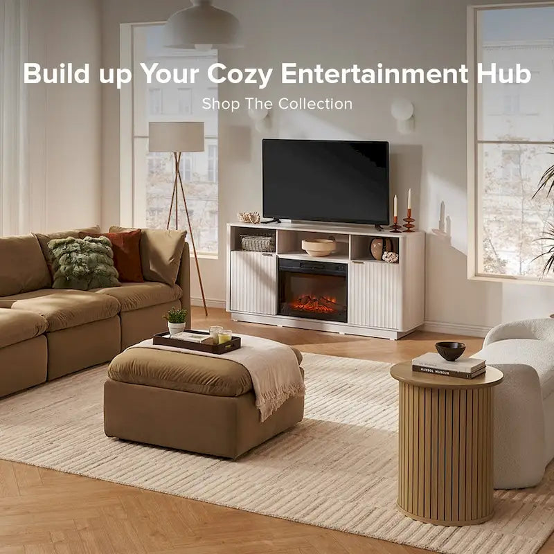Mueble de TV con chimenea eléctrica y paneles acanalados blancos y negros, 59 pulgadas, 1 persona