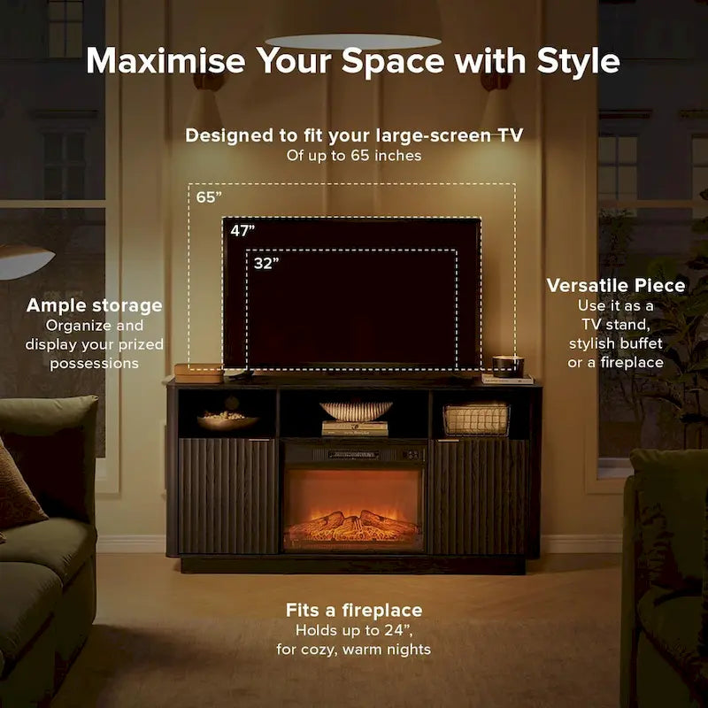 Mueble de TV con chimenea eléctrica y paneles acanalados blancos y negros, 59 pulgadas, 1 persona