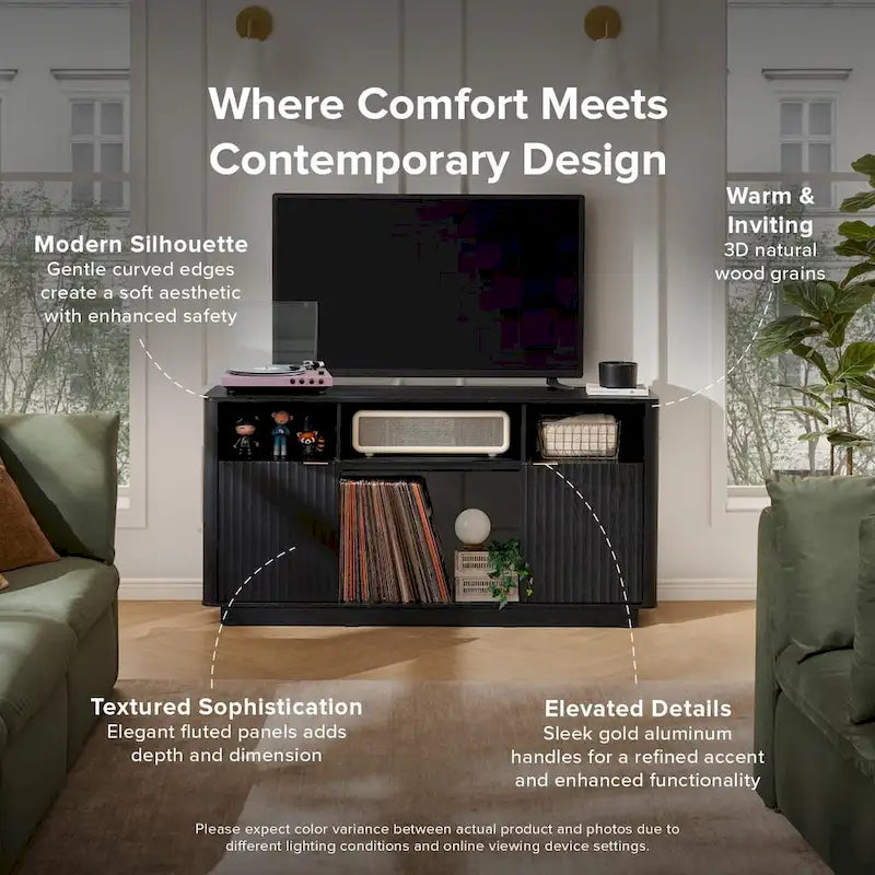 Mueble de TV con chimenea eléctrica y paneles acanalados blancos y negros, 59 pulgadas, 1 persona