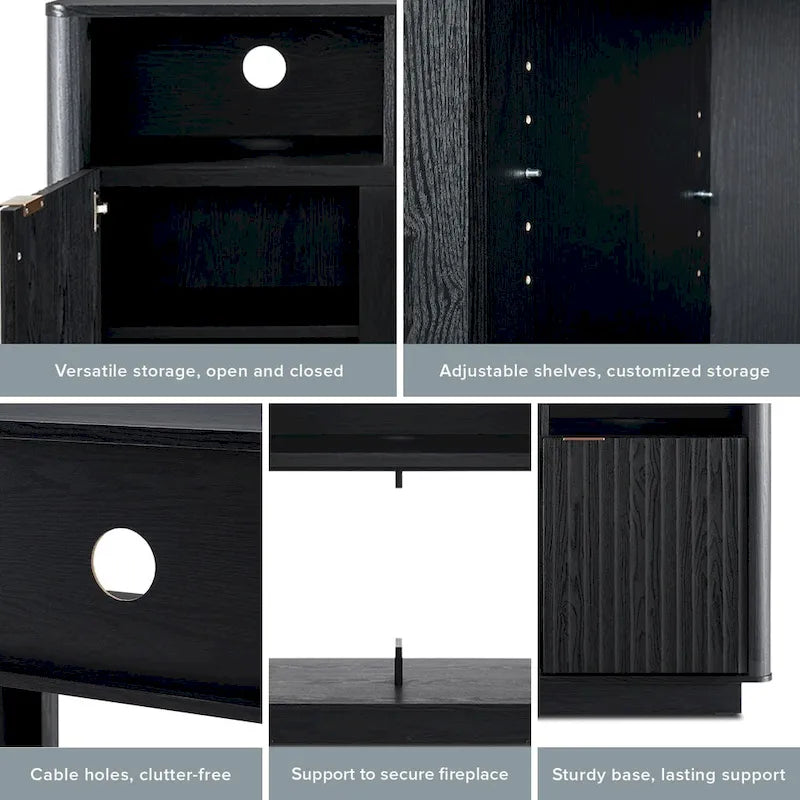 Mueble de TV con chimenea eléctrica y paneles acanalados blancos y negros, 59 pulgadas, 1 persona