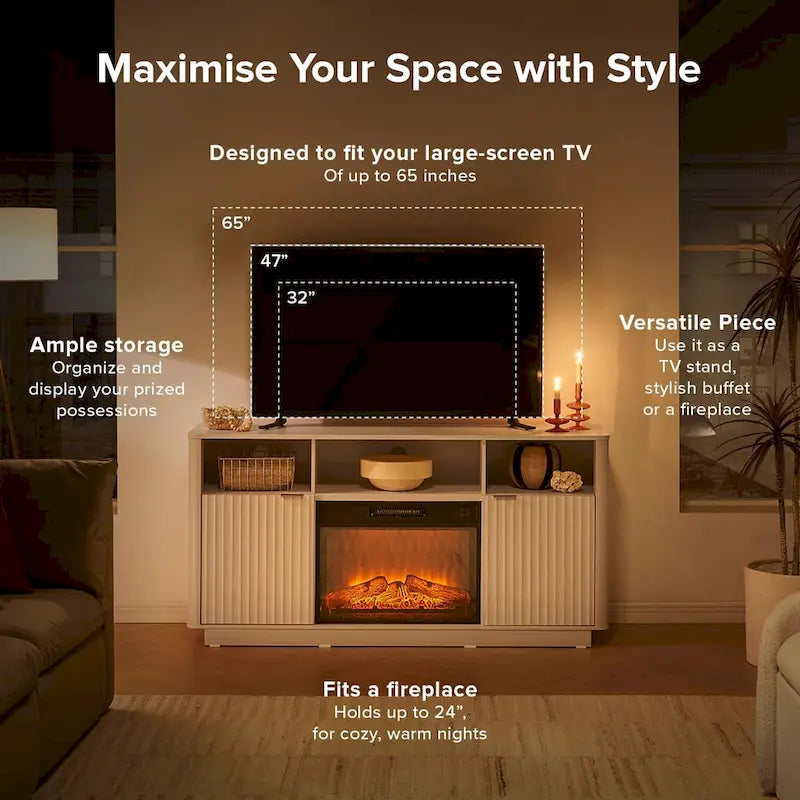 Mueble de TV con chimenea eléctrica y paneles acanalados blancos y negros, 59 pulgadas, 1 persona