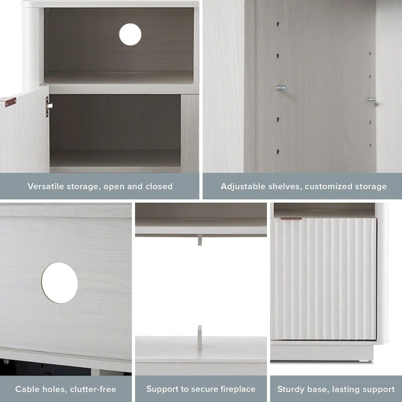 Mueble de TV con chimenea eléctrica y paneles acanalados blancos y negros, 59 pulgadas, 1 persona
