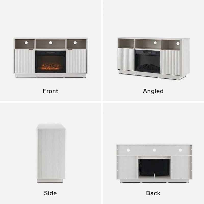 Mueble de TV con chimenea eléctrica y paneles acanalados blancos y negros, 59 pulgadas, 1 persona