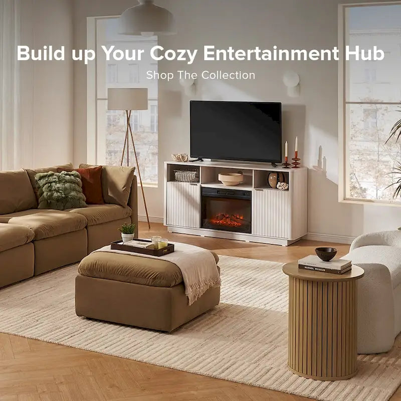 Mueble de TV con chimenea eléctrica y paneles acanalados blancos y negros, 59 pulgadas, 1 persona
