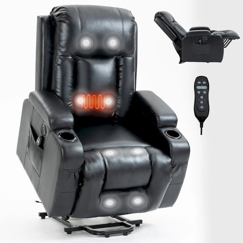 Sillón reclinable elevador eléctrico con masaje y calor – Negro/Gris/Marrón, Un asiento