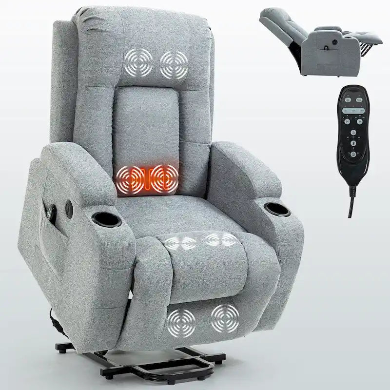 Sillón reclinable elevador eléctrico con masaje y calor – Negro/Gris/Marrón, Un asiento