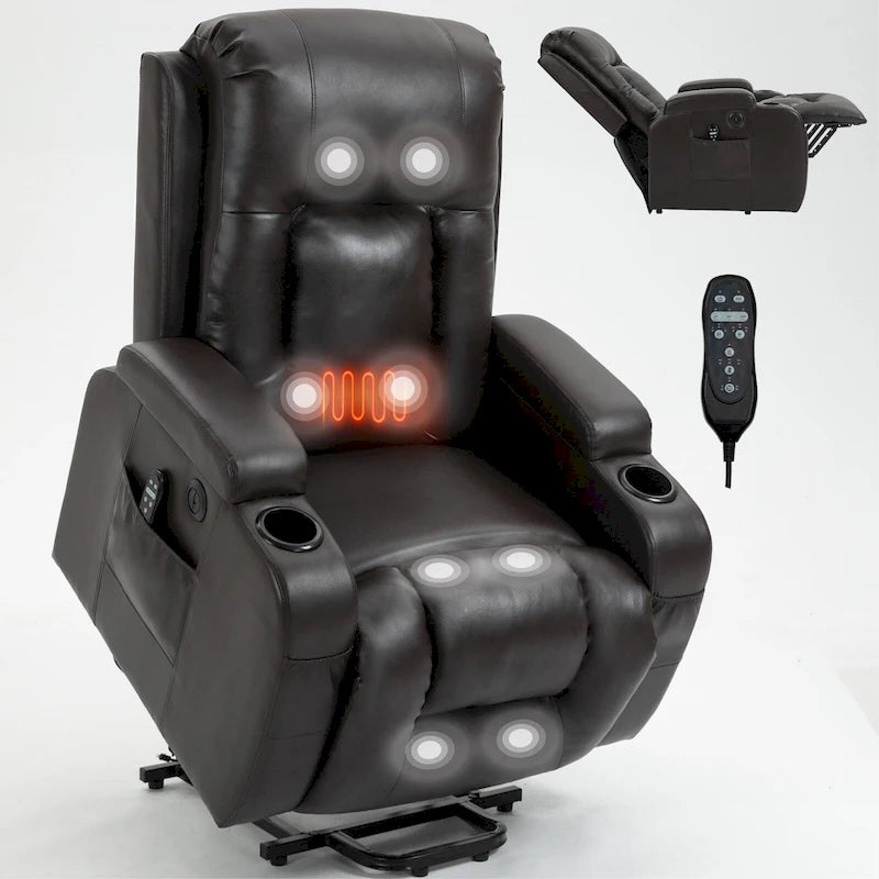 Sillón reclinable elevador eléctrico con masaje y calor – Negro/Gris/Marrón, Un asiento