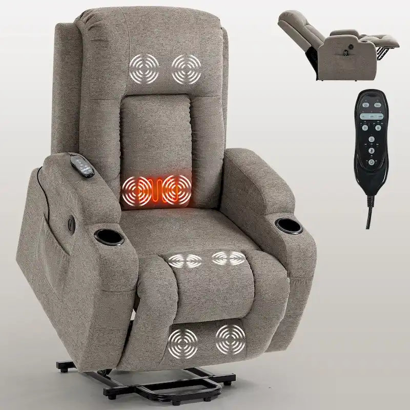 Sillón reclinable elevador eléctrico con masaje y calor – Negro/Gris/Marrón, Un asiento