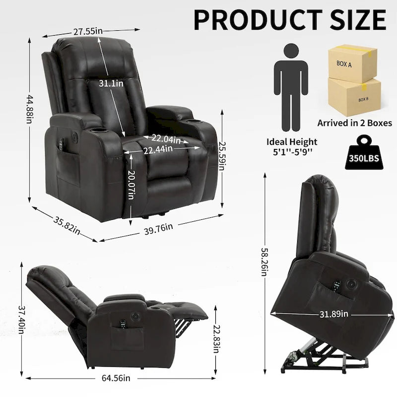 Sillón reclinable elevador eléctrico con masaje y calor – Negro/Gris/Marrón, Un asiento