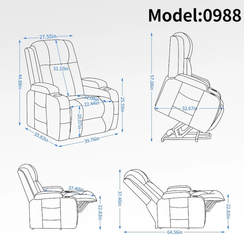 Sillón reclinable elevador eléctrico con masaje y calor – Negro/Gris/Marrón, Un asiento